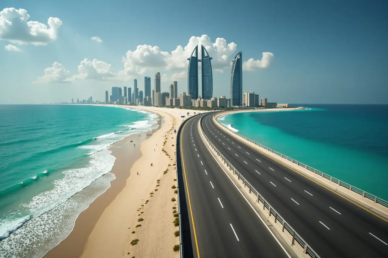 A coastal highway beside turquoise water, with towers visible in the distance.