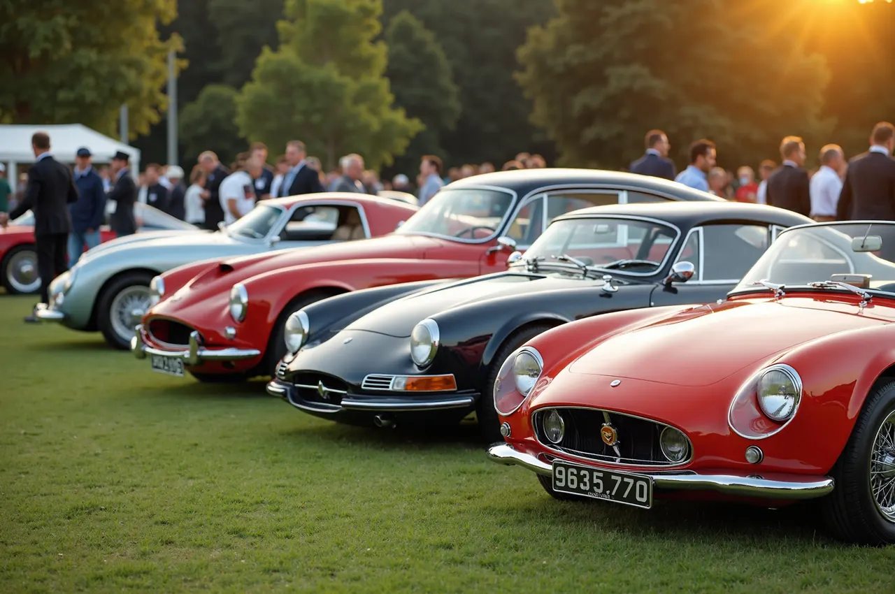 Gleaming cars arranged on a lawn in early light, with spectators walking slowly between them.
