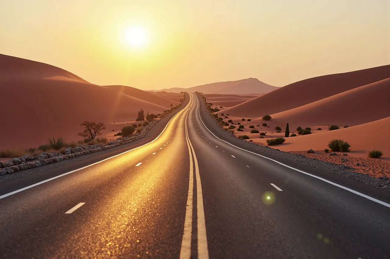 An empty desert highway curving between red dunes at golden hour, with heat haze on the asphalt.