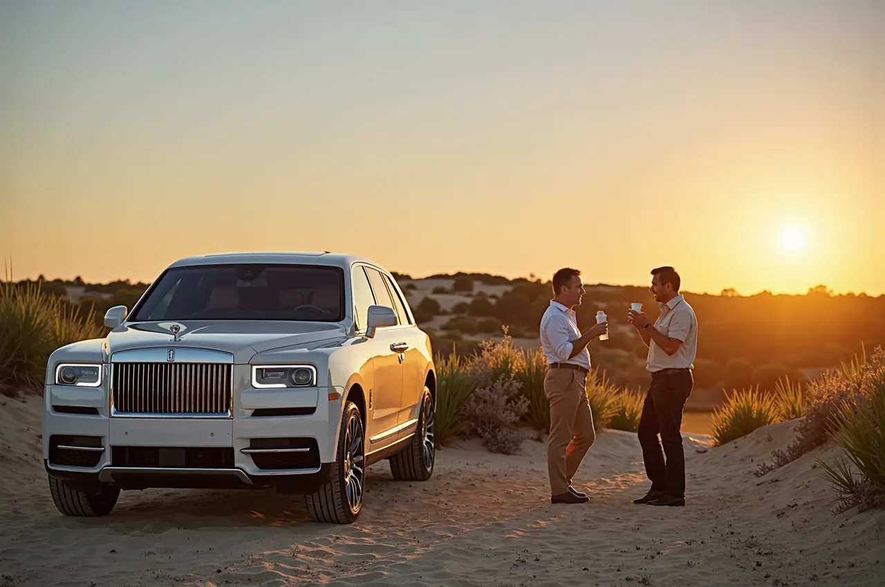 An SUV parked at a dune viewpoint at sunset, two friends in their fifties standing beside it with coffee.