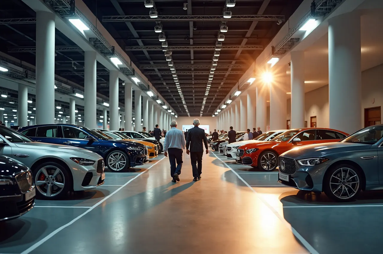 Visitors in their fifties walking between polished cars under warm spotlights in an exhibition hall.