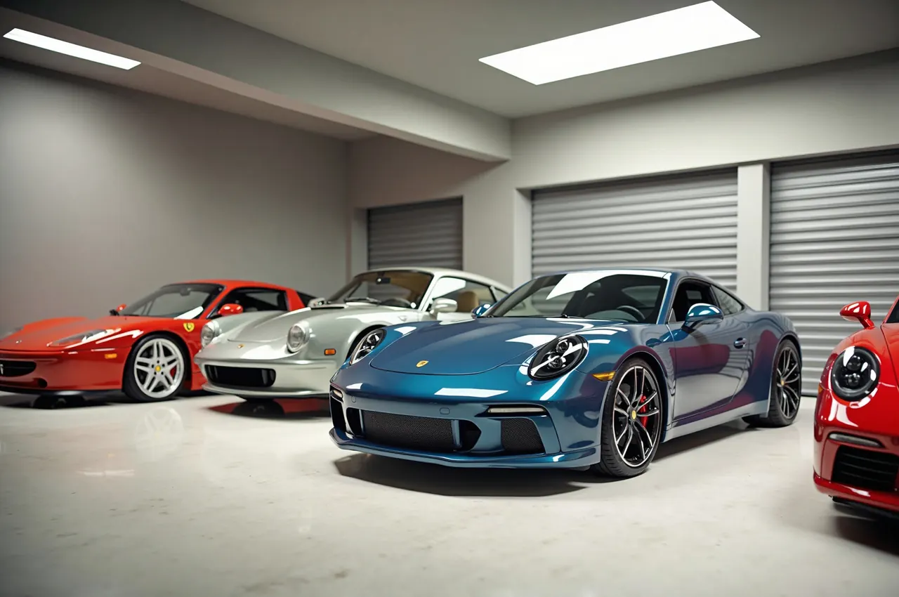 Three cars under soft ceiling lights in a private garage with a polished floor.