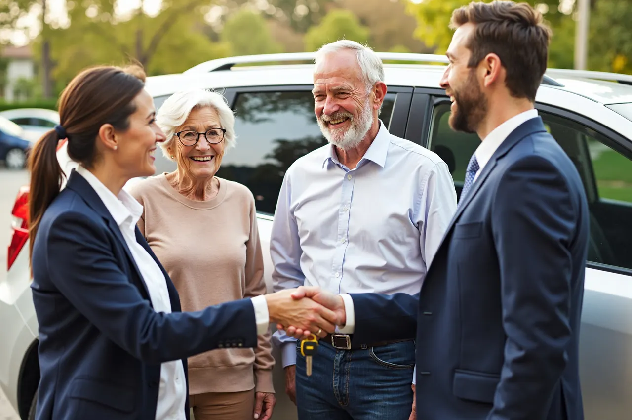 An agent handing car keys to a couple in their fifties in front of a large SUV.