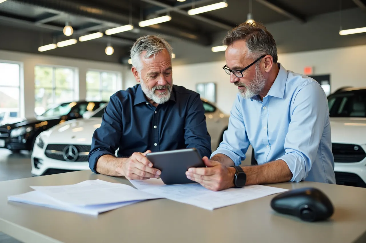Two men in their fifties reading car documents on a tablet at a desk, a showroom behind them.