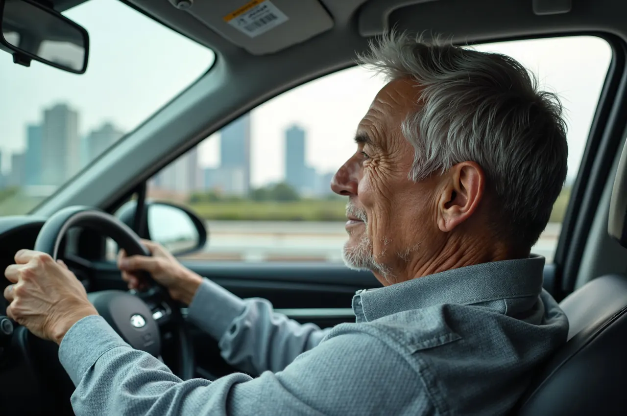 A man in his fifties at the wheel of a saloon, hands relaxed, city skyline blurred outside the window.