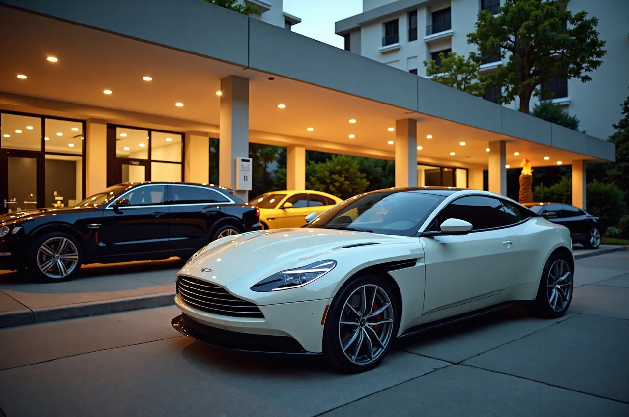 Cars parked in a shaded valet area outside a modern hotel at dusk, warm lights overhead.
